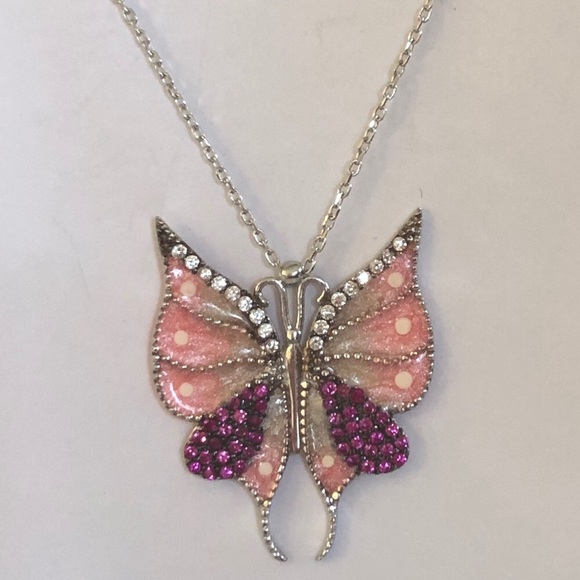 Butterfly 925 silver white pink cz necklace - Picture 2 of 2